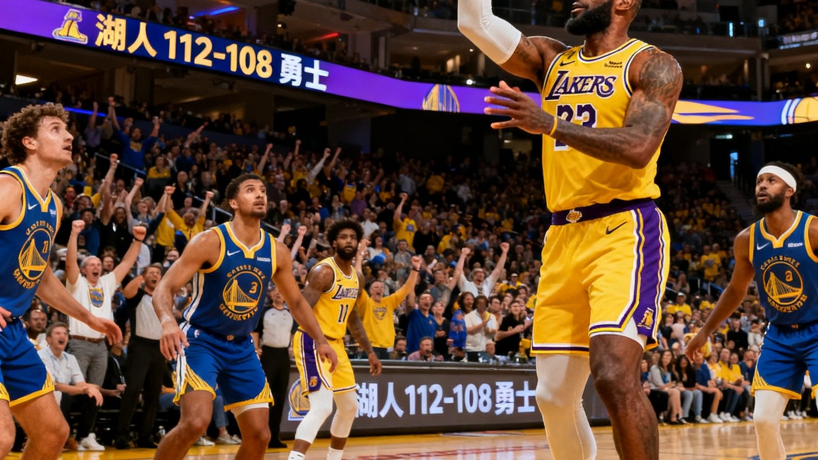 NBA附加赛湖人112-108勇士，詹姆斯关键三分球锁定胜局
